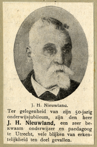 105868 Portret van J.H. Nieuwland, geboren 1847, onderwijzer te Utrecht, overleden 19?. Borstbeeld rechts van voren, in ...